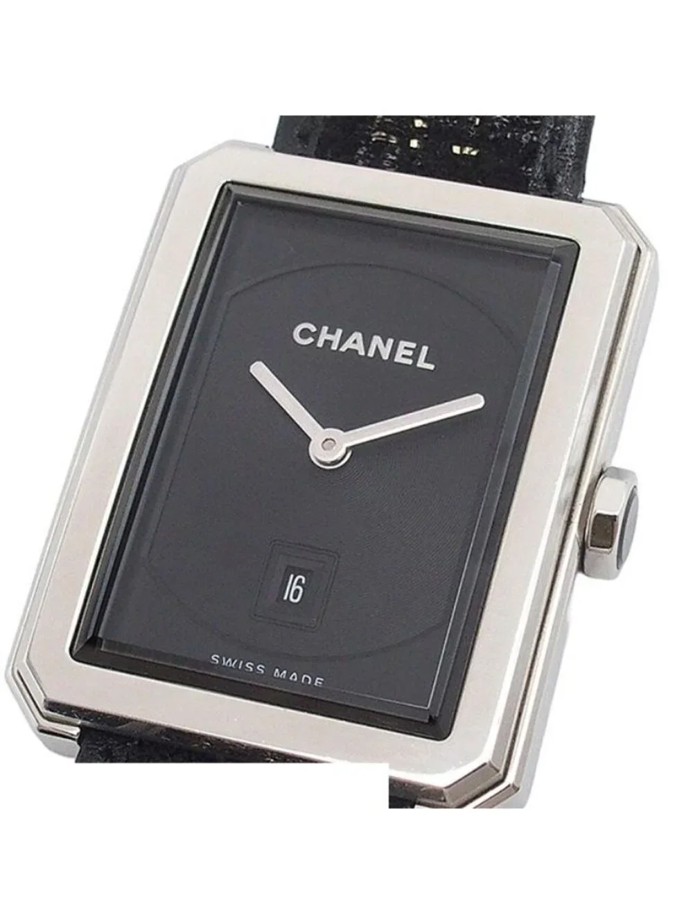 Chanel Boyfriend Black SS Tweed Leather Watch Quartz